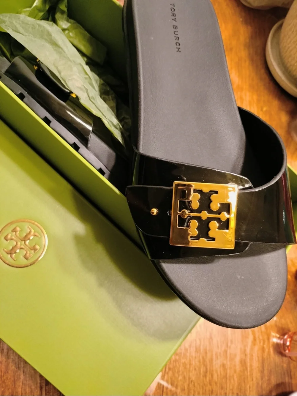 Tory Burch Black Patent Slide with Gold Logo Plaque